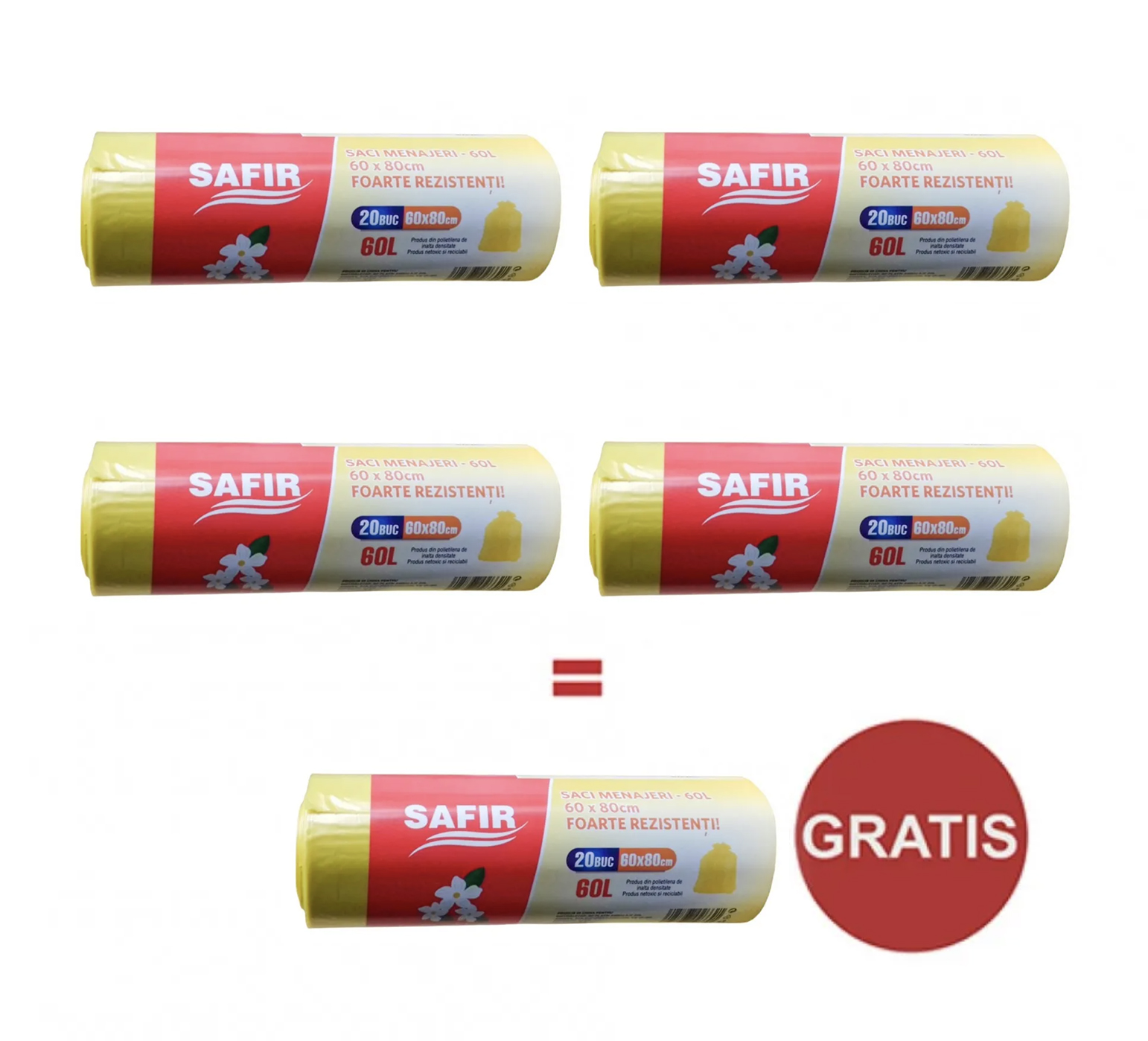 Pachet 4 ROLE Saci menajeri Premium 60 L  20 buc /rola  galbeni  parfumati  Safir  + 1 rola Gratuit